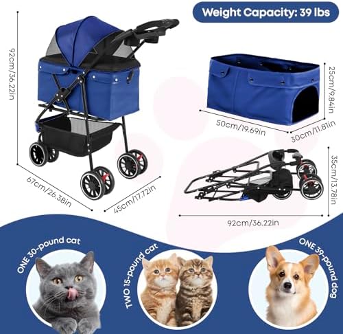 Pet Stroller,Dog Stroller for Small Medium Dogs Cats,3 Wheels,Navy Blue - Image 2