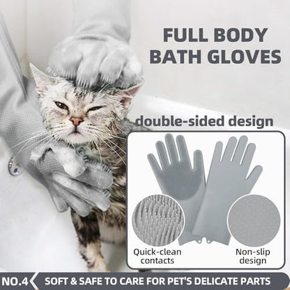 6-in-1 Grey Pet Grooming Kit: Hair Brush, Towel, Washing Gloves, Slicker Brush, and Shampoo Scrubber for Dogs and Cats - Image 5