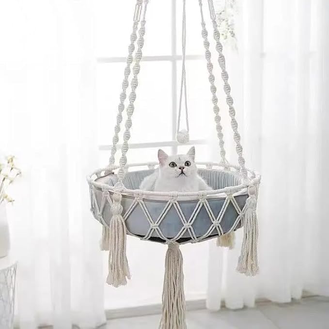 Macrame Cat Hammock, Hanging Bed with Cushion, Boho Style Cotton Rope Swing, White Handwoven Pet Furniture for Indoor Cats (1 White (Without Cushion), Inside Diameter 30)