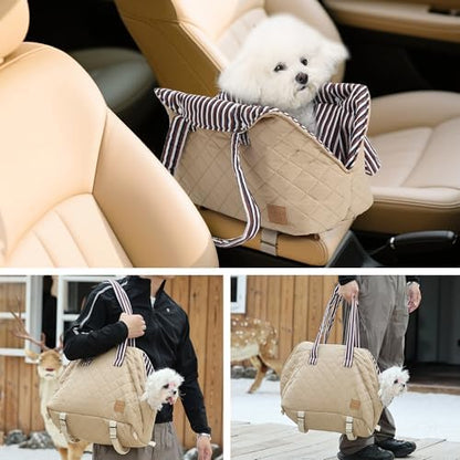 Small Dogs Under 12 lbs Adjustable Portable Center Console Car Seat, Built-in Bubble wrap, Fits Most Cars & SUVs with Convenient Handbag Functionality, Stylish Travel Pet Bag (Beige) - Image 7