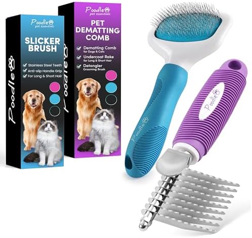 Poodle Pet Bundle - Dematting Fur Rake Comb Brush Tool with Steel Safety Blades for Detangling Matted or Knotted Undercoat Hair and Slicker Brush for Small and Large Dogs Pet Hair Remover by Poodlie