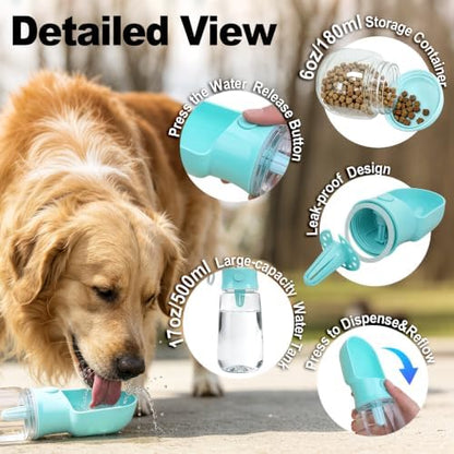 Blue Large Portable Dog Water Bottle(17oz) with Food Container - Image 3