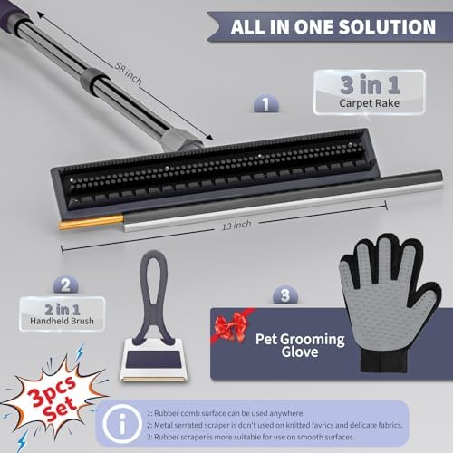 Carpet Rake for Pet Hair Removal - Reusable Dog & Cat Hair Remover with 58" Reinforced Steel Handle, 3-in-1 Professional Modular Rug Rake & Scraper Tool for Shag Rugs, Couch, Stairs (Gray) - Image 2