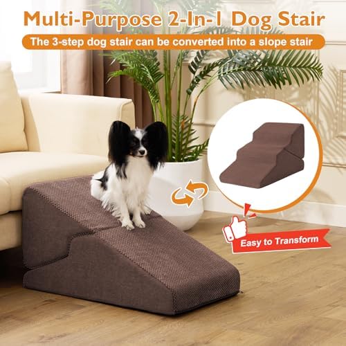 Ahpmeoa Dog Stairs for Small Dogs 16’’ H, 3-Step Dog Steps for Bed, Brown - Image 2