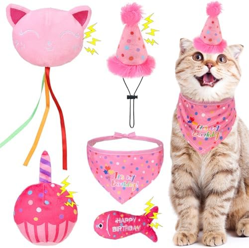BINGPET Cat Birthday Decorations Outfit, 5 Pcs Catnip Toys for Indoor Cats by BINGPET