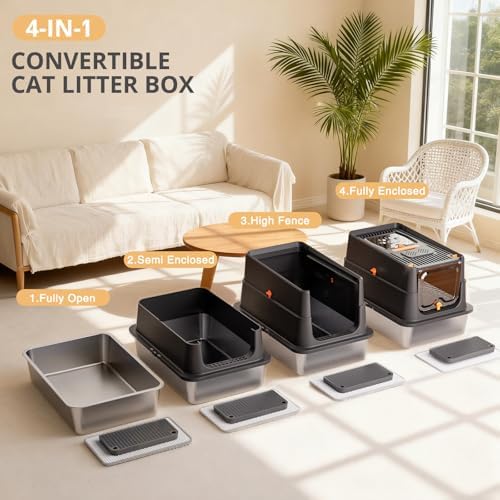 Stainless Steel Litter Box with Lid, XL Enclosed Cat Litter Box for Big Cats, Easy to Clean High Sided Metal Kitty, Front & Top Entry, Scoop, Mat& Foot Pedal - Black - Image 5