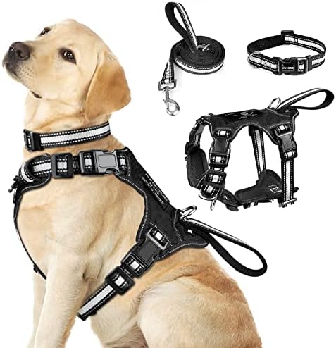 WINSEE Pet Harness Collar and Leash Set, All-in-one Reflective Dog Harness No Pull with Adjustable Buckles for Puppies, Small, Medium, Large, and Extra-Large Dogs (Large, Black) by WINSEE