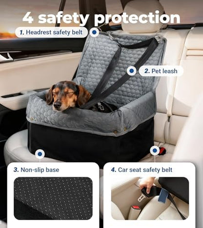 Dog Car Seat for Small Dogs, Travel Pet Car Bed with Removable Waterproof Cover, Memory Foam Dog Booster Seats Up to 35 lbs, Safety Belt and Storage Pocket (Gray) - Image 5