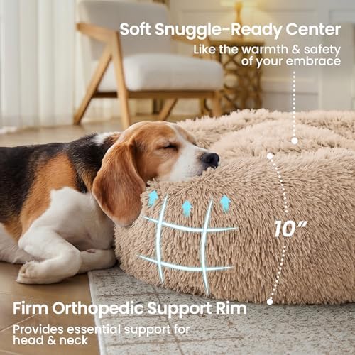 JOLLYVOGUE Calming Dog Beds Extra Large Sized Dog, 45in Donut Washable Large Pet Bed, Anti-Slip & Anti-Anxiety Fluffy Faux Fur Round Dogs Bed, Fits up to 125 lbs Pets (Camel) - Image 3