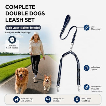Double Dog Leash Padded Handle 360°Swivel No Tangle Dual Leash for Two Dogs - Image 2