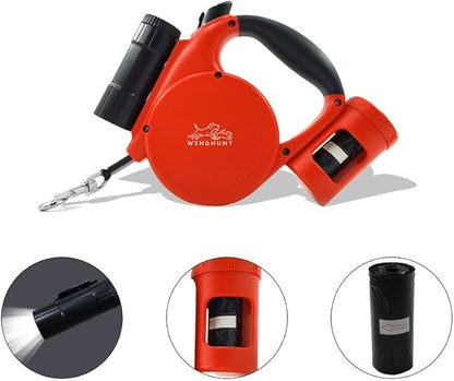 360° Tangle-Free Retractable Dog Leash with Flashlight, Dispenser and Poop Bag Heavy-Duty Nylon Tape for Small, Medium Dogs and Cats One-Handed Brake and Lock, Red