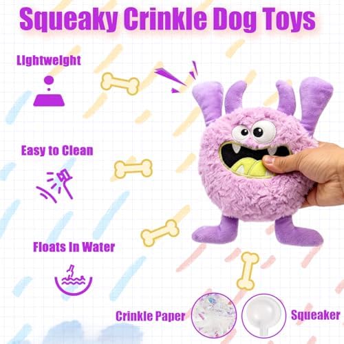 Monster Stuffed Squeaky Dog Toy, Crinkle Dog Plush Toy, Purple - Image 2