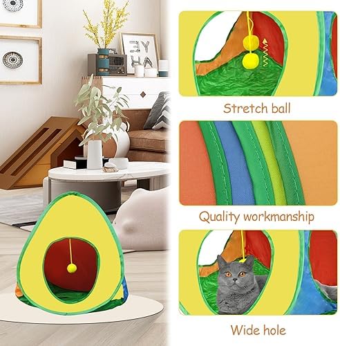 Andiker Cat Tent with a PlushBall, Colorful Foldable Polyester Cat Play Tents Match with Most Cat Tubes for Indoor Cats Game, Sleep, 3 Holes Convenient Kitten Nest for Indoor Kitten, Rabbit(Tent S) - Image 4
