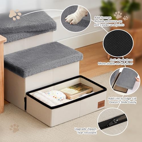 Love's cabin Dog Stairs for High Bed, Foldable Pet Stairs for Small Medium or Large Dogs Puppy with Storage for Bed or Couch, Cat Dog Steps Ramp with Zip up to 200 lbs, Grey, 3 Steps - Image 4