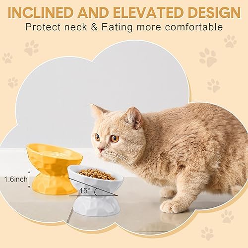 Bokon 4 Pcs Ceramic Raised Cat Bowl 6.8 oz Pet Food Bowl Anti Vomiting Pet Elevated Dog Feeder Tilted Cat Water Bowl Feeding Kitten Dishes for Small Dog Kitten(White, Yellow, Blue, Pink) - Image 3