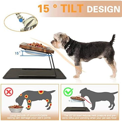 Aivituvin Elevated Dog Bowls, 15°Tilted Raised Cat Food Bowl, Walnut Wood Water Stand Feeder Set for Cats and Puppy, Pet Bowls with Anti Slip Mat(Medium) - Image 3