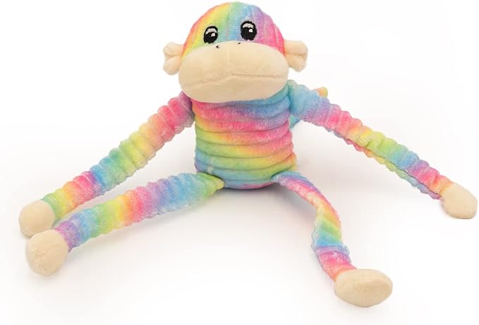 ZippyPaws Crinkle Monkey - Interactive Dog Toys to Keep Them Busy, Squeaky Plush Pet Toy for All Breeds, for Small and Medium Dogs, Contains Round Squeakers - Rainbow & Blue 2-Pack, Small