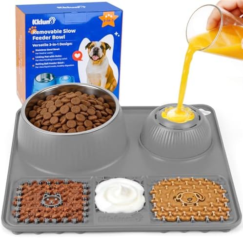 Slow Feeder Dog Bowl with Lick Mat & Interactive Rolling Ball, Stainless Steel Pet Feeding Station with Non-Slip Stable Grip Base for Wet Food, Dry Kibble (Light Gray) by Kkluno