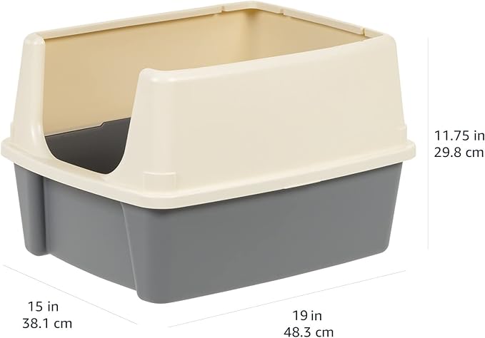 Amazon Basics Large Cat Litter Box with High Sides, Open Top for Easy Access, Includes Scoop with Storage, 19" x 15" x 11.75", Grey/Beige