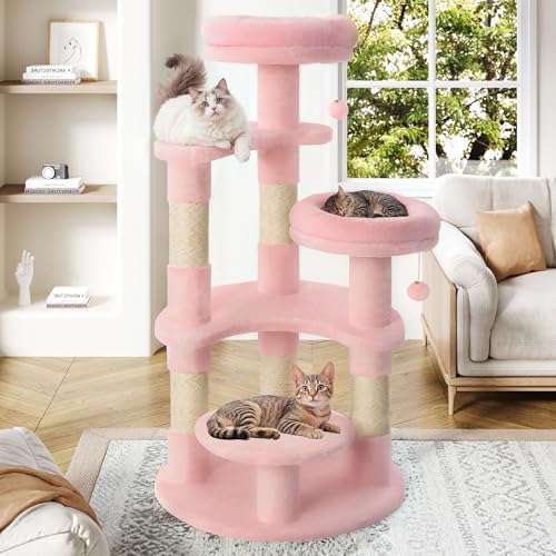 Allewie 55.5 in Cat Tree for Indoor Kitties/Soft Plush Perches/Multi-Level Cat Tower/Sisal Scratching Posts/Crescent Plates/Round Jumping Board/Hanging Ball/Pet Activity Center/Pink - Image 2