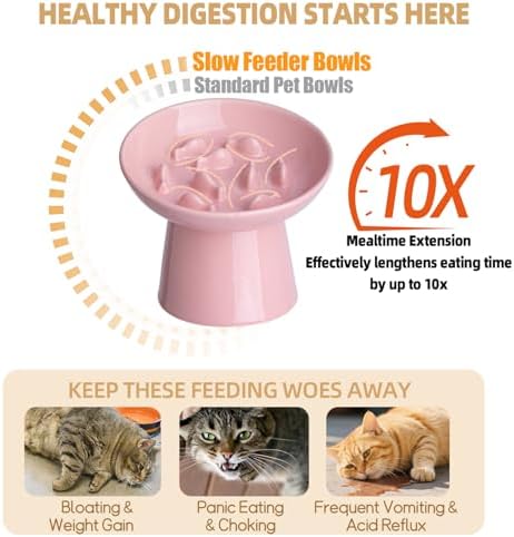 Ceramic Elevated Slow Feeder Cat Bowl - 6" Raised Cat Food Bowl for Bloat Relief & Anti-Vomiting, Whisker Friendly Ceramic Cat Slow Feeder for Indoor Cats, Kittens, Puppies - Pink(1pc) - Image 3