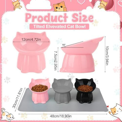 3 Pcs Elevated Cat Bowls 15°Raised Cat Food Bowl with Silicone Mat Grey - Image 2