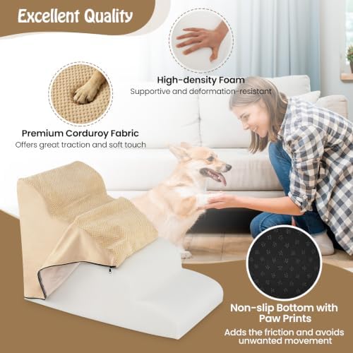 Giantex Dog Ramp Stairs for Bed, 4 Tiers Foam Pet Steps for Small Dogs Puppy Cats Older, Washable Cover, High Density Foam, Non-Slip Stairs for Dogs to Get on Bed Sofa (Beige, 4 Steps) - Image 5