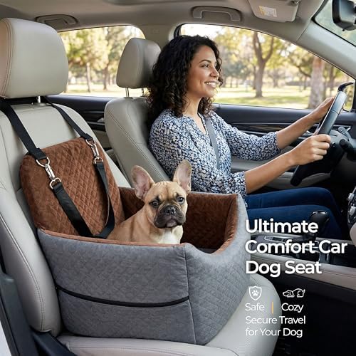 Dog Booster Seat for Small Dogs & Medium Sized Dog – Elevated Car Seat with Safety Leash, High Density Foam, Storage Pockets & Washable Cover – Up to 35 lbs for Puppies & Cats (Gray & Dark Brown) - Image 6