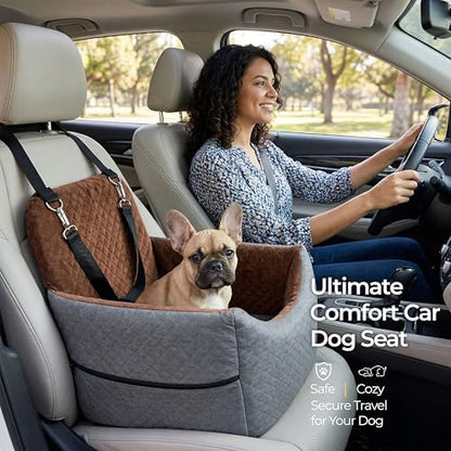 Dog Booster Seat for Small Dogs & Medium Sized Dog – Elevated Car Seat with Safety Leash, High Density Foam, Storage Pockets & Washable Cover – Up to 35 lbs for Puppies & Cats (Gray & Dark Brown) - Image 6