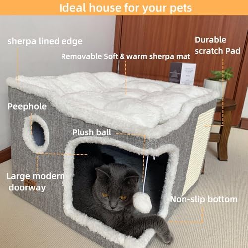 Cat Bed for Indoor Cats,Covered Cat Cave House & Furniture with Scratch Pad,Foldable Cat Hideaway Hut Cute Cat Condo with Soft Washable Mat for Multi Small Pet Under 30 lbs,Light Grey - Image 3