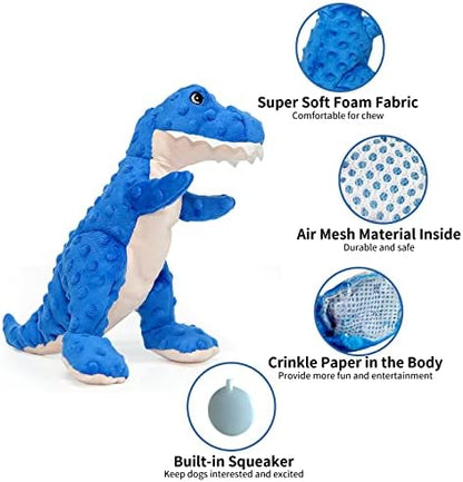DODODOLA Dog Toys Blue Dinosaur Stuffed Squeaky Puppy Toy for Small Large Dogs - Image 2