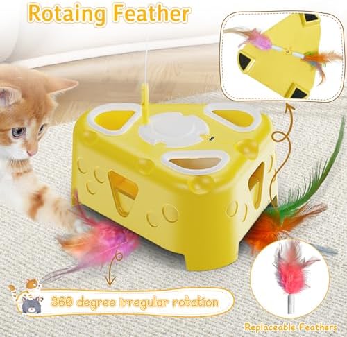 Automatic Cheese-Shaped Interactive Cat Toy – Flying Bird, 6-Hole Mole & Rotating Feather | USB Rechargeable Electronic Feather Toy for Indoor Adult Cats & Kittens, Relieves Boredom - Image 6