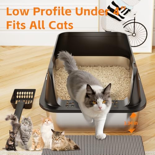 Premium Stainless Steel Cat Litter Box with Scoop – Large High-Sided Open Top Litter Pan, Rust-Resistant & Metal Kitty Litter Tray, Non-Stick Easy Clean Surface with Non-Slip Pads - Image 4