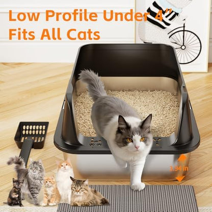 Premium Stainless Steel Cat Litter Box with Scoop – Large High-Sided Open Top Litter Pan, Rust-Resistant & Metal Kitty Litter Tray, Non-Stick Easy Clean Surface with Non-Slip Pads - Image 4