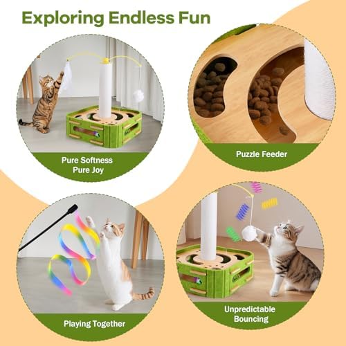 5-in-1 Cat Puzzle Box Toy for Indoor Cats Boredom Relief Interactive Wooden Cat Enrichment Maze with Balls, Feather Wands & Spiral Springs, Slow Feeder Treat Dispenser for Kittens & Adult Cats - Image 3