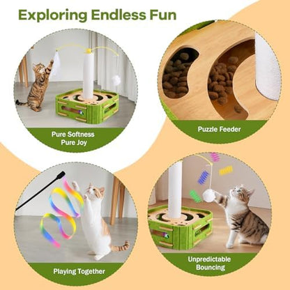 5-in-1 Cat Puzzle Box Toy for Indoor Cats Boredom Relief Interactive Wooden Cat Enrichment Maze with Balls, Feather Wands & Spiral Springs, Slow Feeder Treat Dispenser for Kittens & Adult Cats - Image 3