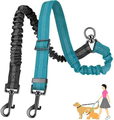 Double Leash for Two Dogs, 2-in-1 No Tangle Design with Bungee Shock Absorber & Adjustable Strap for Walking, Running, Training (Blue) by AKEISHE