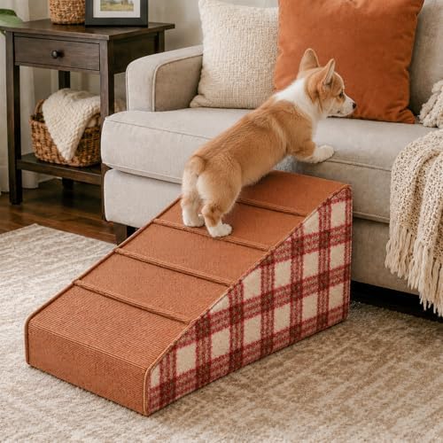 Dog Stairs,15.7"H 4-Step Dog Steps for Bed,Couch & Car,Non-Slip Pet Stairs/Ramp with Highly Supportive Foam & Removable Fabric Cover,Durable & Portable Pet Ramps for Small to Large Dogs (Red) by LoopTime