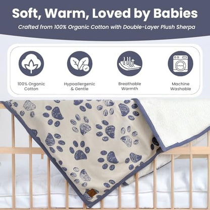 Small Pet Blanket - 100% Organic Cotton, Double Layer Plush Sherpa, Soft Plush, Blue Paw Jacquard Knit, 30"x40", Small Dog Blanket, Ideal Cat Blanket - Soft and Warm - Image 2