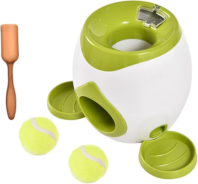 Interactive Dog Fetch Toy with Tennis Ball Launcher, Automatic Treat Dispenser, Green and White (Green)