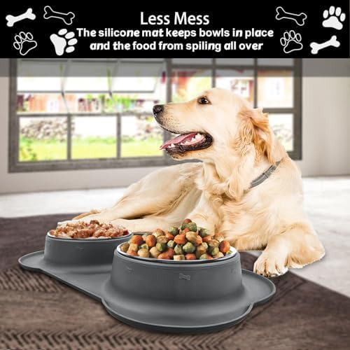 AsFrost Dog Food Bowls, BPA Free Stainless Steel Dog Food and Water Bowl Set, 2 Large Dog Bowls with No Spill Non-Skid Silicone Mat, Dog Dishes for Medium Large Sized Dogs Pet Bowls, 6 Cup, Grey - Image 2