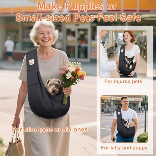 Tomkas Small Dog Cat Sling Carrier Puppy Purse Travel Wrap Soft Crossbody Pet Bag (Black, M - Zip Pocket & Classic Strap) - Image 3