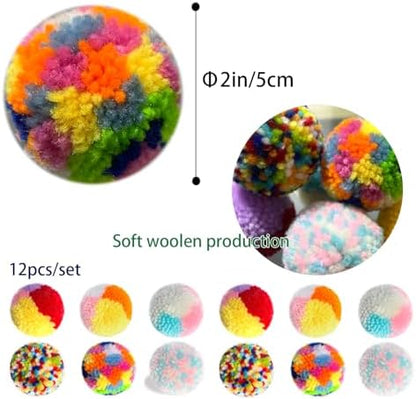 Assorted Color Cat Ball Toys, Woolen Yarn Puffs Pom Balls Interactive Kitten Chasing Toys Cat Chase Balls (12Pcs) - Image 3