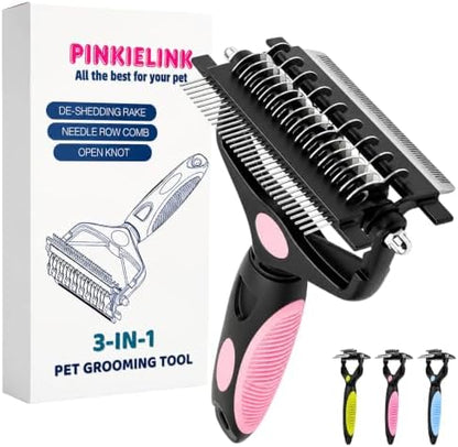 3-IN-1 Pet Grooming Tool - Undercoat Rake, Dematting Comb & Deshedding Brush for Cats, Dogs, Horses - Removes Mats, Tangles & Loose Fur, Reduces Shedding & Prevents Hair Mess (Pink) by PINKIELINK