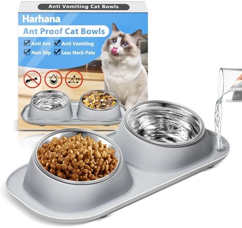 Ant Away Stainless Steel Elevated Cat Bowls with Stand - Tilted Anti Vomiting, Double Food and Water Bowl Set (Grey, 16 Oz) by Harhana