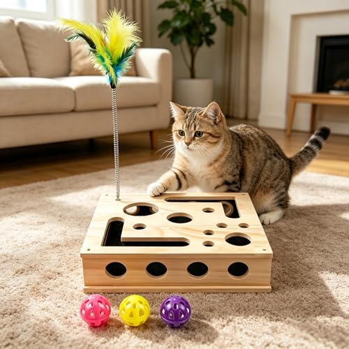 Huntmic Wooden Cat Toys Scratch Puzzle Enrichment Box, Interactive Cat Toy with Sandpaper Inside and Bell Ball, Cat Claw Saver Interactive Toy Stress-Free Alternative to Clippers & Grinders - Image 5