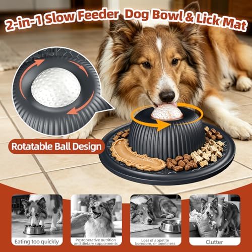 2-in-1 Dog Slow Feeder Bowl & Lick Mat with 2 Rotatable Balls, No-Slip Silicone Anxiety Relief Treat Mat for Dogs & Cats, Dishwasher Safe (Black) - Image 2