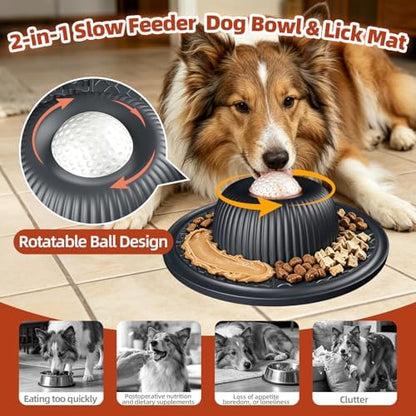 2-in-1 Dog Slow Feeder Bowl & Lick Mat with 2 Rotatable Balls, No-Slip Silicone Anxiety Relief Treat Mat for Dogs & Cats, Dishwasher Safe (Black) - Image 2