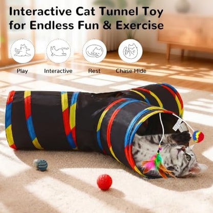 Tempcore Cat Tunnel, 3-Way Collapsible Toy for Indoor Cats, Black & Rainbow - Image 2