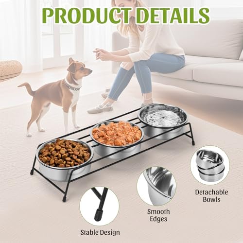 Raised Cat Bowls Triple Dog Cat Feeder Holders 3 Stainless Steel Elevated Pet Water Food Bowl for Cats Puppies Rabbits (3 Bowls) - Image 2